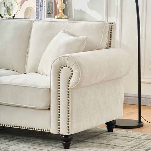 Chesterfield Sofa Set with Rolled Arms - Beige Chenille 3-Seater Sofa and Loveseat with Nailhead Trim and Wood Legs