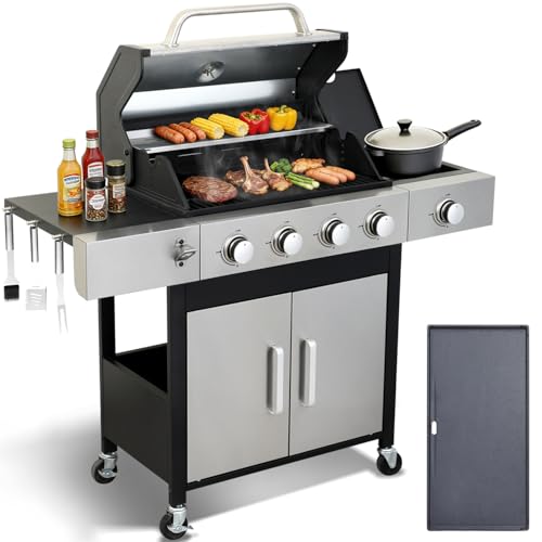 4-Burner Propane Gas Grill, 49,000 BTU BBQ Grill with Cast Iron Grates, Side Burner, Storage Cabinet and Pull-Out Grease Tray