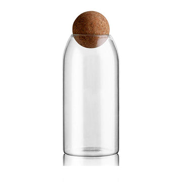 40Oz Clear Glass Storage Cute Canister Holder Ball Wood Cork Top, Modern Decorative Cylinder Container Jar