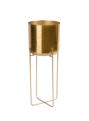 Tall Gold Planter with Detachable Metal Stand - Modern Mid Century Decorative Indoor Plant Pot - Large Floor Planter