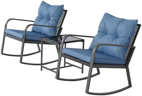 3-Piece Wicker Outdoor Patio Furniture Set - Rocking | Blue for Patio, Garden & Porch