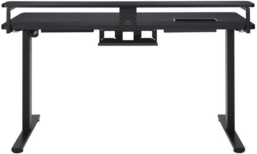 60" Electric Gaming Desk with Hutch, Carbon Fiber Finish, Height Adjustable with Power Lift, Elevated Monitor Shelf