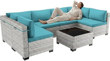 7-Piece Wicker Outdoor Patio Furniture Set | Blue All-Weather Resistant with Thick Cushions for Backyard, Garden & Porch