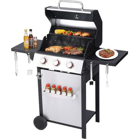 3-Burner Propane Gas Grill, 30,000 BTU Outdoor BBQ Grill with Cast Iron Grates, Double-Layer Stainless Steel Lid and Foldable Side Shelves