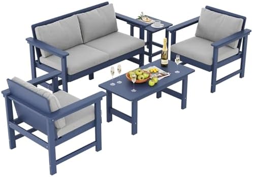 5-Piece HDPE Outdoor Patio Furniture Set - Conversation | Navy Blue for Patio, Garden & Porch