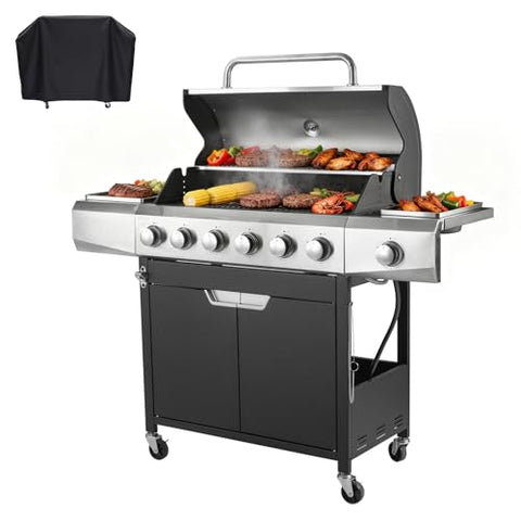 6-Burner Propane Gas Grill, 68,500 BTU Stainless Steel BBQ Grill with Side Burner, Porcelain Grates & Wheels for Patio and Backyard