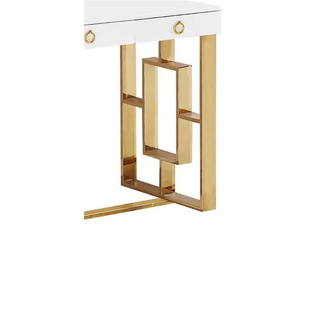 Barento 47" White Gloss Rectangular Computer Desk with 3 Drawers and Ring Handles, Stainless Steel Sled Base