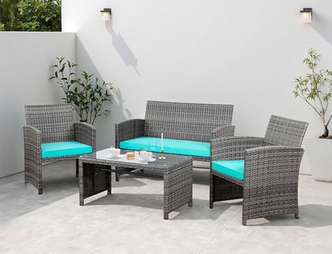 4-Piece Wicker Outdoor Patio Furniture Set - Conversation | Blue for Patio, Garden & Porch
