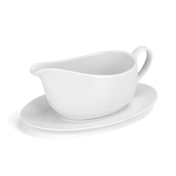 Gravy Boat with Saucer, 14oz Porcelain Creamer Pitcher with Handle, White Serving Dishes for Holding Milk, Gravy