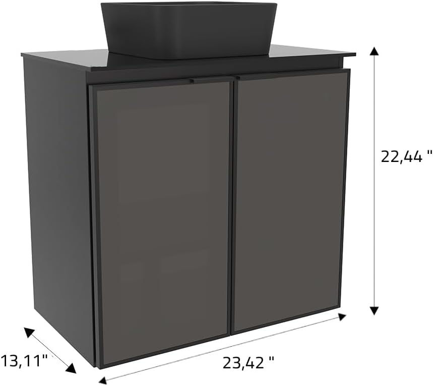 24" Black Steel Bathroom Vanity Set with Tempered Glass Countertop - Industrial Vanity Cabinet