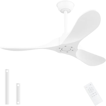 42 Inch Solid Wood Ceiling Fan with Remote, White, No Light, 6-Speed Reversible DC Motor, Indoor/Outdoor