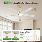 Savey'Sley 60" Ceiling Fan with LED Light and Remote - White Gold