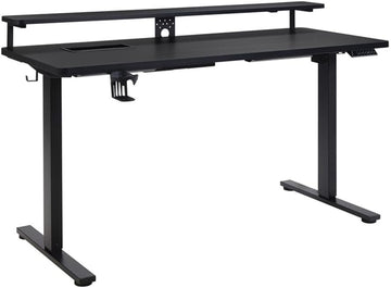 60 Inch Electric Height Adjustable Gaming Desk, Black Carbon Fiber Finish, Hutch with Elevated Monitor Shelf, Steel
