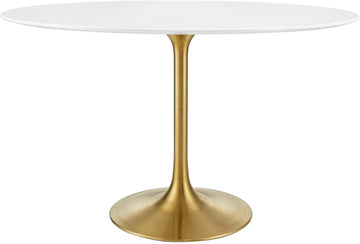 Inspired Tulip Style Oval Pedestal Dining Table — Gold Base / White Top, 48″ Oval