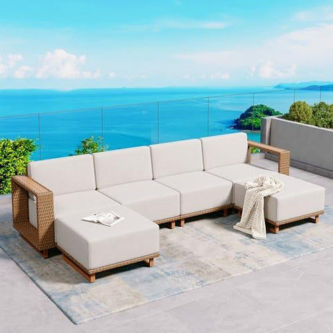 Rattan Outdoor Patio Furniture Set | Beige All-Weather Resistant with Thick Cushions for Backyard, Garden & Porch