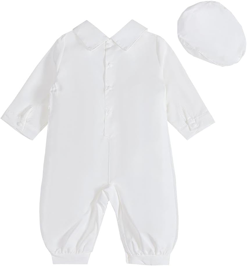 Baby Boy Baptism Christening Outfit White Jumpsuit Romper & Beret Hat for Infant Toddler Kids Bautizo