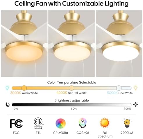 Savey'Sley 60" Ceiling Fan with LED Light and Remote - White Gold