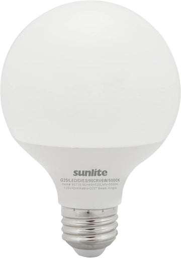 LED G25 Globe Light Bulb, 6 Watts (60W Equivalent), 120V, Medium E26 Base, 500 Lumens, Dimmable, Frosted, 90 CRI