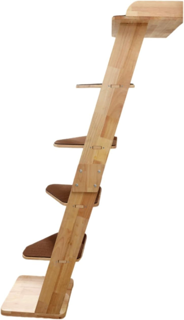 Modern 70" Tall Natural Wood 6 Level Leaning Cat Climbing Ladder Tree Tower with Large Perch Platform for Wall