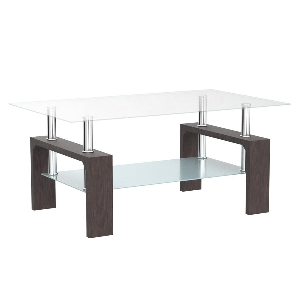 Walnut Rectangular Coffee Table, 39.5in x 23.5in x 17.5in, Glass Tabletop with Lower Shelf, Adjustable Bottom Corners