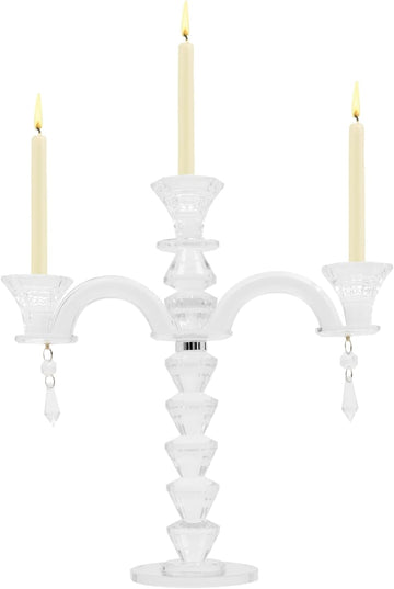 3 Arm Crystal Candelabra Centerpieces for Tables, Crystal Glass Taper Candle Holder Candelabra with Chandelier Chains