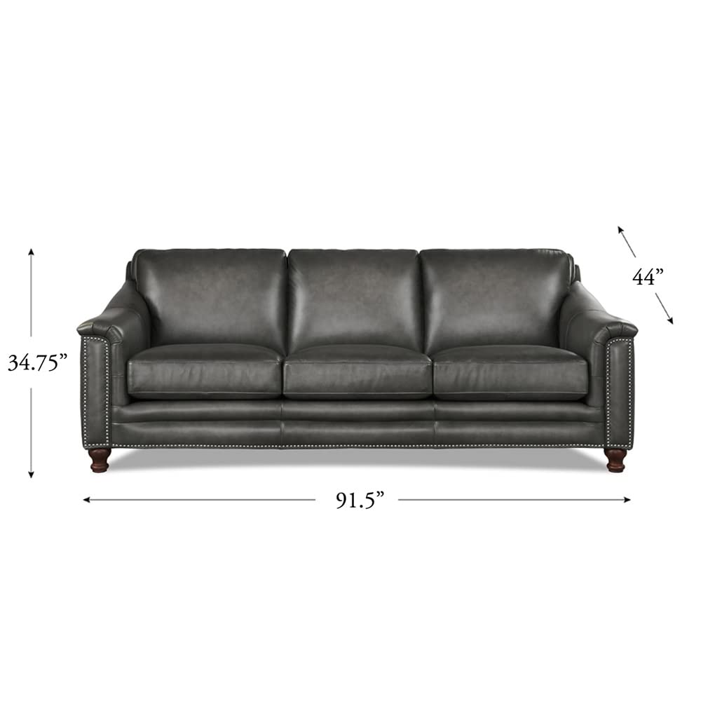 Belfast Top Grain Leather Sofa Couch, 91.5", Ash Gray, Feather Down, Memory Foam and Springs Seating