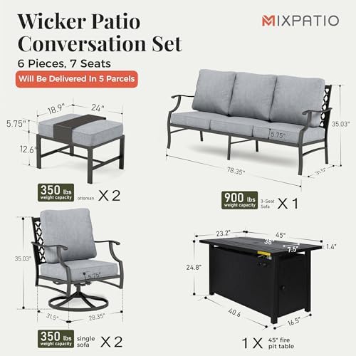 6-Piece Metal Outdoor Patio Furniture Set - Conversation | Grey with Thick Cushions for Patio, Garden & Porch