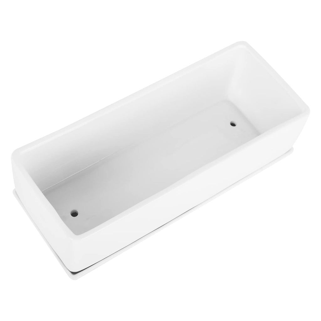 14 Inch Rectangular Modern Minimalist Ceramic Succulent Planter Pot - Window Box with Saucer, Office Desktop Potted