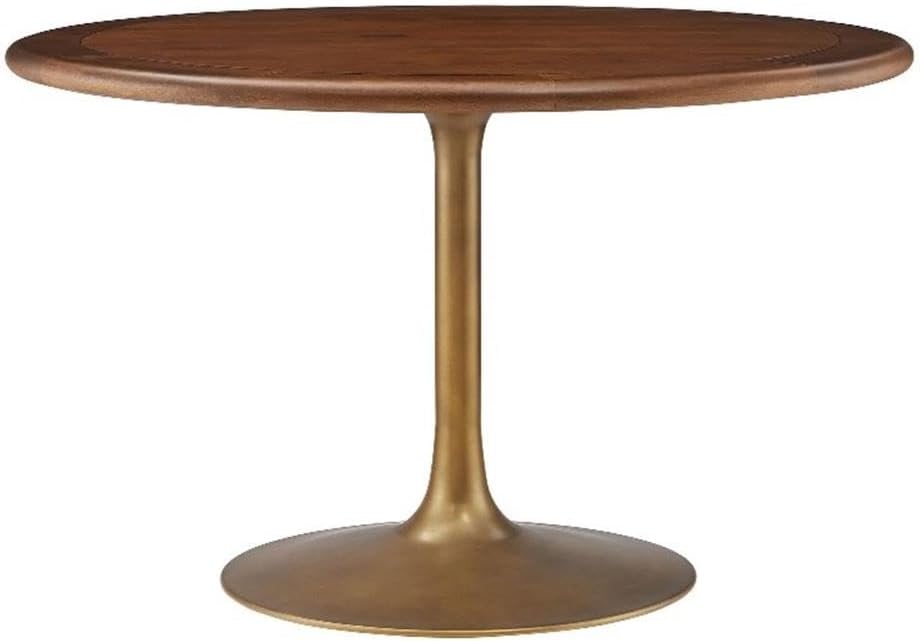 Lippa 48 Inch Round Wood Dining Table with Metal Pedestal in Brass Walnut - Modern Industrial Dining Table for 4