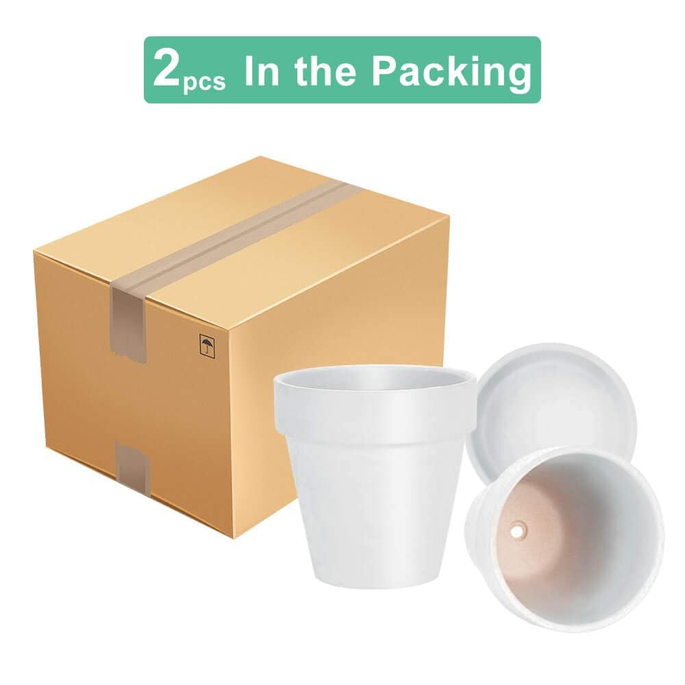 8 Inch White Terracotta & Clay Pots with Saucer, 2 Pack