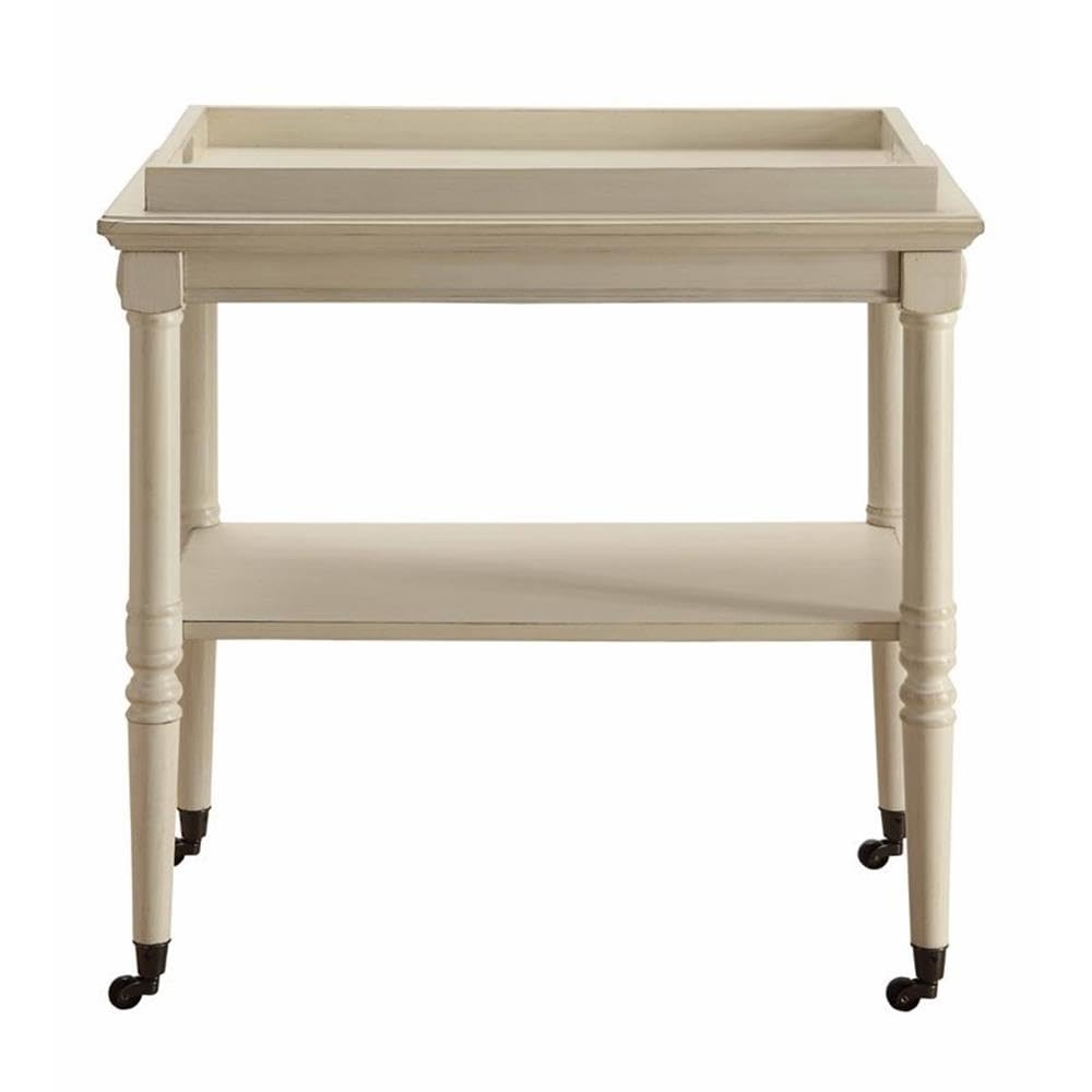 2-Tier Rolling Serving Cart 30''Inch, Wooden Frame & 4 Wheels & 1 Removeable Tray Top & 1 Shelf Open Storage for