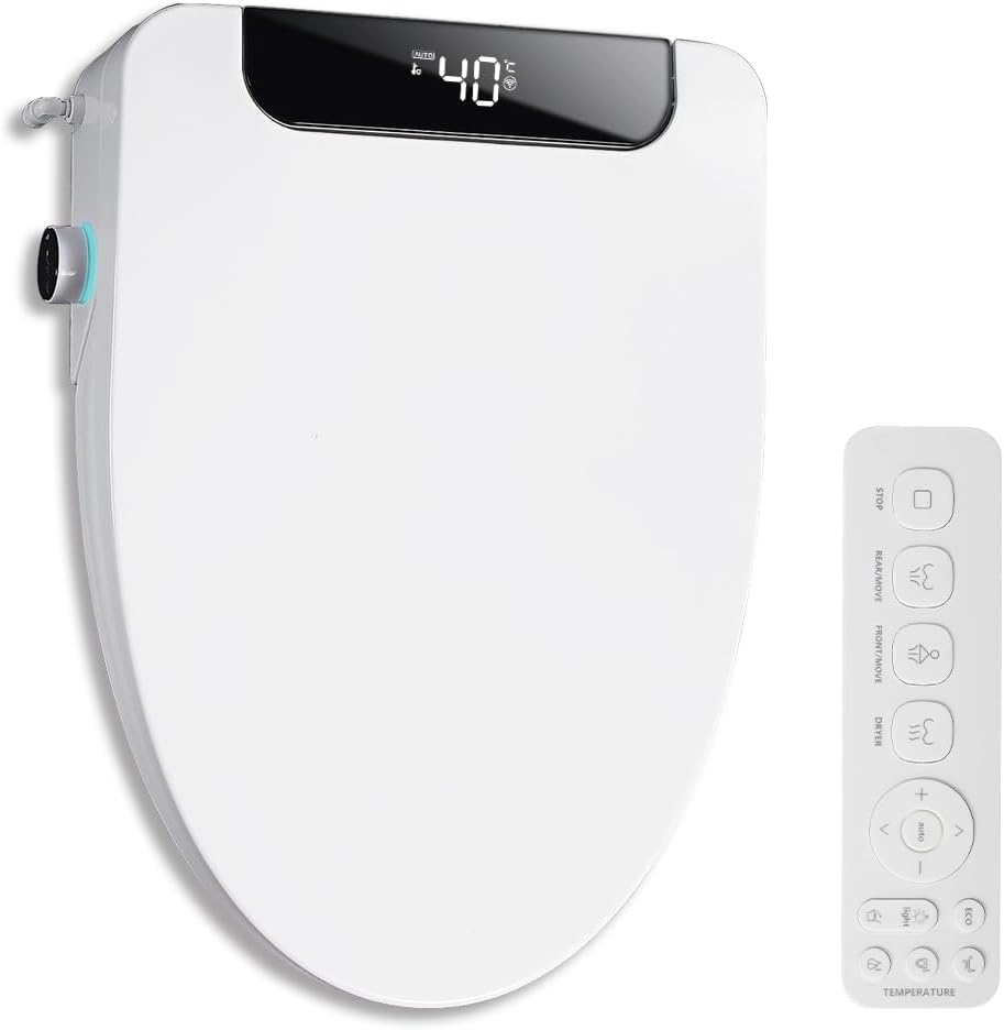 Heated Elongated Bidet Toilet Seat with LED Display, Remote Control, Soft-Close Lid, Warm Water, Air Dryer, Feminine Wash, Self-Cleaning Nozzle
