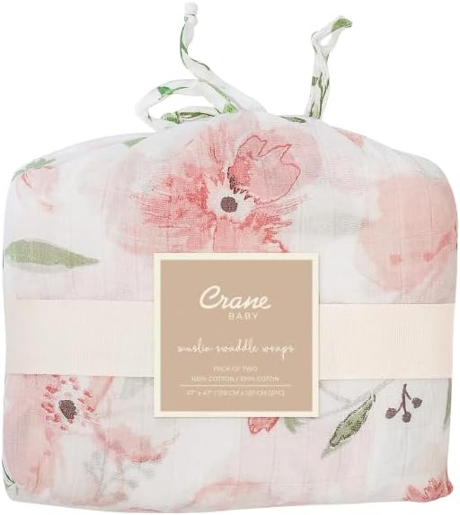 100% Cotton Muslin Swaddle Blankets, Parker Pink Floral, Baby Blanket, Set of 2, 47" x 47", Swaddles for Newborns