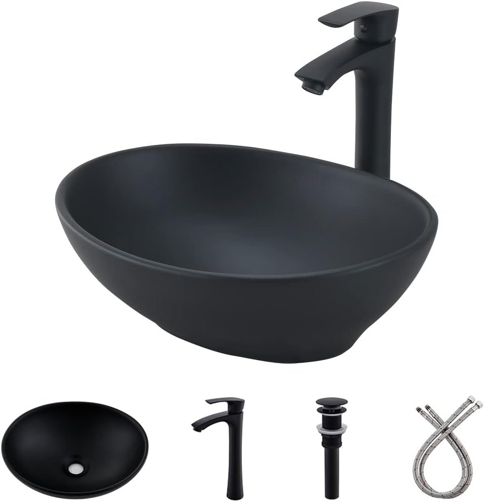 Oval Black Vessel Sink with Faucet and Drain Combo -Bokaiya 16x13 Ceramic Bathroom Sink Above Counter Vessel Oval