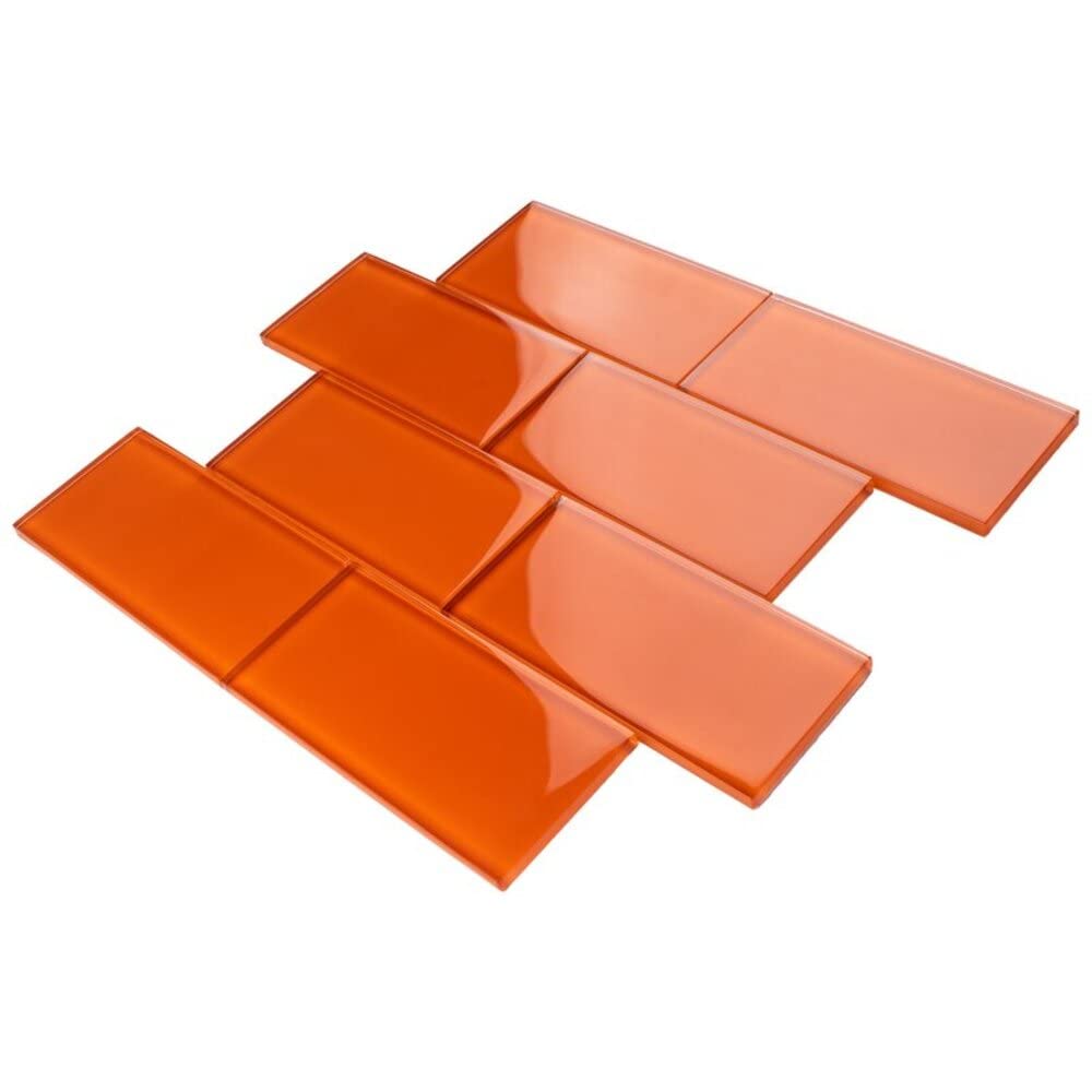 Glossy Orange Subway Glass Wall Tile - 1 Sq.ft. Modern Polished Backsplash Tile Walls, Bathroom Showers, Accent