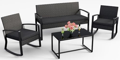 4-Piece Wicker Outdoor Patio Furniture Set - Rocking | Black for Patio, Garden & Porch