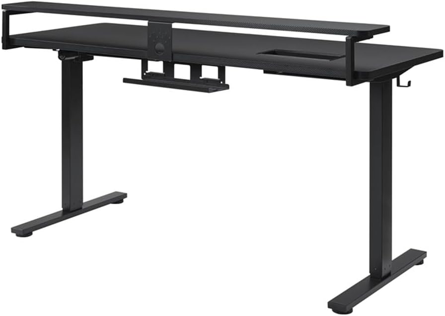 60 Inch Electric Height Adjustable Gaming Desk, Black Carbon Fiber Finish, Hutch with Elevated Monitor Shelf, Steel