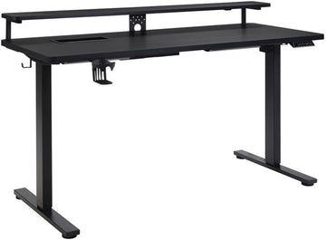 60" Electric Gaming Desk with Hutch, Carbon Fiber Finish, Height Adjustable with Power Lift, Elevated Monitor Shelf