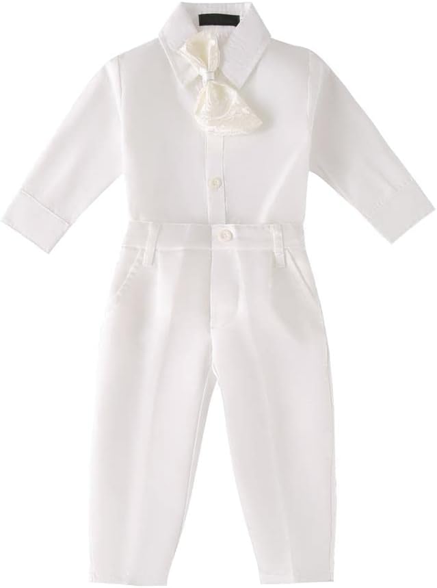 Infant Baby Boy Christening Baptism Outfit White Suit 5 Pieces Clothing Set with Bonnet Hat to