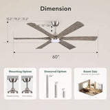 Savey'Sley 60" Ceiling Fan with LED Light and Remote - Gray