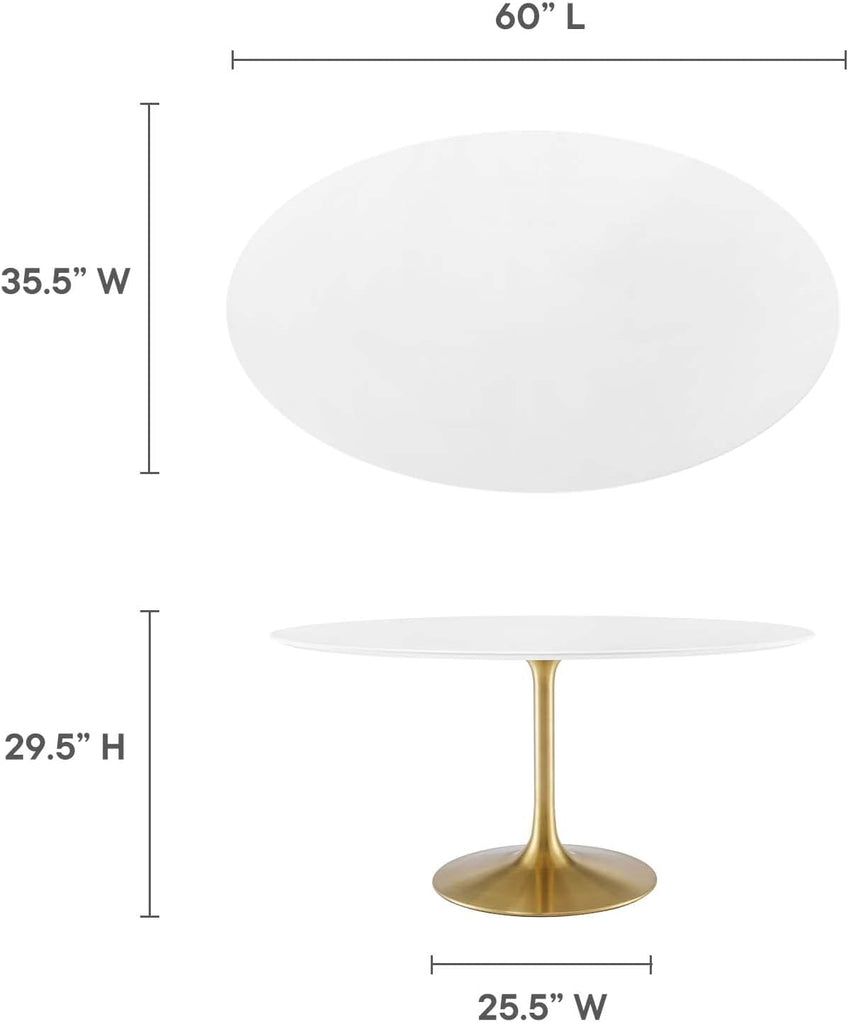 Inspired Tulip Style Oval Pedestal Dining Table — Gold Base / White Top, 60″ Oval