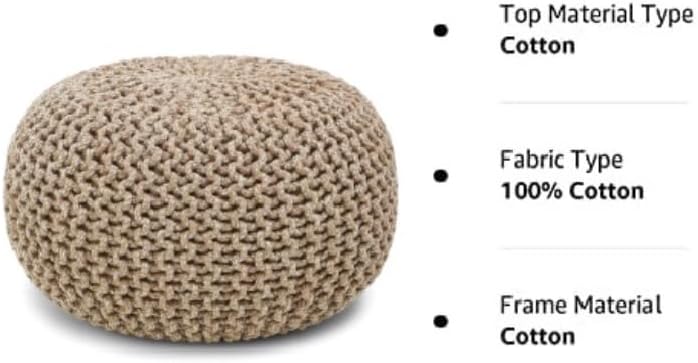 Round Pouf Ottoman - Hand Knitted Boho Poof - Beige Ivory | 100% Cotton, 19.5"x19.5"x14"; Doubles as Footstool, Foot