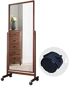 Swivel Full Length Mirror On Wheels 65"X22", Free Standing Wood Frame Cheval Floor Mirror for Dressing, Full Body with