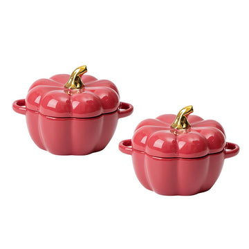 Pumpkin Bowl Set with Lid and Handle, Set of 2 Ceramic Ramekins for Baking, Casserole Dish Individual Severing Pot