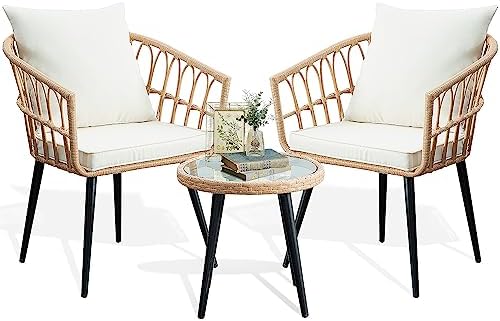 3-Piece Wicker Outdoor Patio Furniture Set - Bistro | Beige for Backyard, Garden & Porch