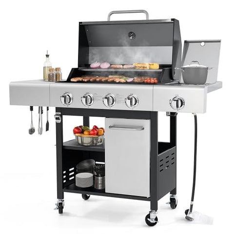 4-Burner Propane Gas Grill, 50,000 BTU Stainless Steel BBQ Grill with Side Burner & Wheels for Patio and Backyard (Silver & Black)