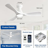 42-Inch Flush Mount Low Profile Ceiling Fan with Dimmable LED Light and Remote - White, 3 Blade, Ultra Quiet DC Motor