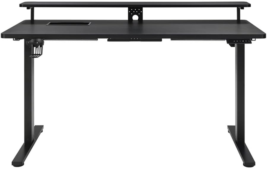 60 Inch Electric Height Adjustable Gaming Desk, Black Carbon Fiber Finish, Hutch with Elevated Monitor Shelf, Steel
