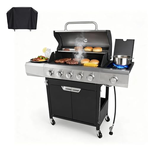 5-Burner Propane Gas Grill, 58,500 BTU Stainless Steel BBQ Grill with Side Burner, Porcelain Grates & Wheels for Patio and Backyard