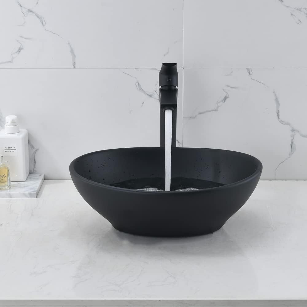Oval Black Vessel Sink with Faucet and Drain Combo -Bokaiya 16x13 Ceramic Bathroom Sink Above Counter Vessel Oval
